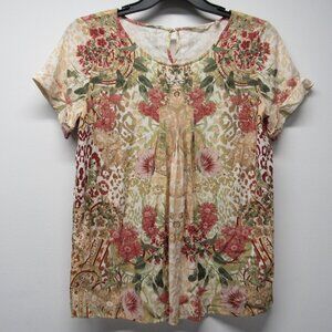 Soft Surroundings Cusabo Top Floral Blouse Women's Medium Boho Leopard Artsy 💰
